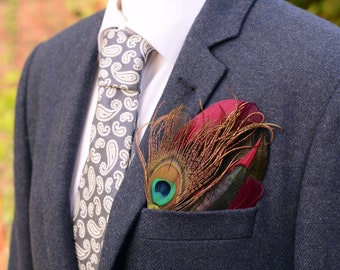 Burgundy, Black and Peacock Feather Pocket Square No.198