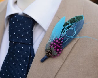 Turquoise Blue and Pink Feather Lapel Pin Small
