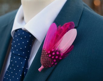 Fuchsia Pink Feather Lapel Pin  | Pheasant Feather Boutonniere |  Feather Brooch | Feather Hat Pin