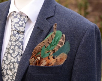 Green and Copper Pheasant Feather Pocket Square No.195