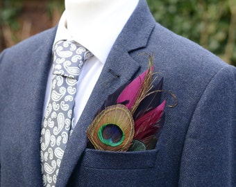 Plum Purple, Midnight Blue and Peacock Feather Pocket Square No.166