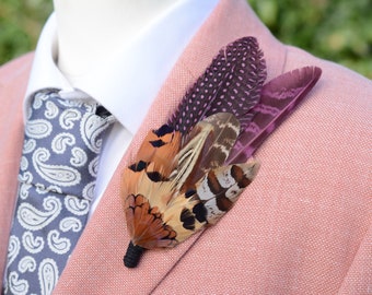 Plum Purple and Copper Pheasant Feather Lapel Pin No.291