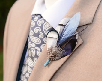 Navy Blue, Pastel Blue and White Duck Feather Lapel Pin Small No.219