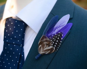 Navy Blue and Purple Polka Dot Feather Lapel Pin