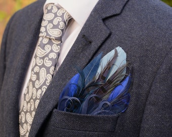 Shades of Blue Goose and Pheasant Feather Pocket Square No.177