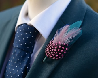 Teal, Pink and Navy Feather Lapel Pin