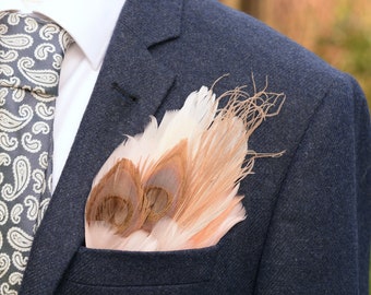 Ivory and Blush Pink Feather Pocket Square No.144