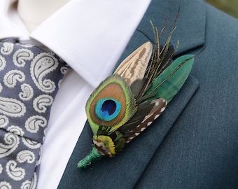 Peacock and Green Feather Lapel Pin Small No.174