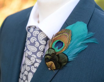 Peacock Feather Lapel Pin with Teal and Green