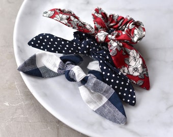 Set of 3 Navy Blue and Red Scrunchies