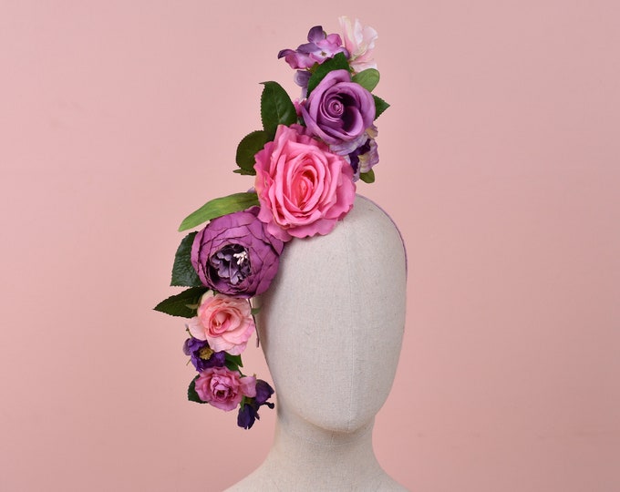 Sculptural Pink and Purple Roses Headpiece