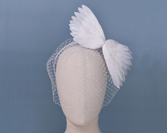 Made to Order - White Side Perching Bird Wings Headpiece Fascinator with Optional Birdcage Veil