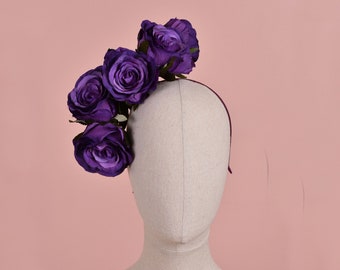 Royal Purple Floating Rose Headpiece | Flower Headband | Flower Crown | Wedding Headpiece | Races Headpiece