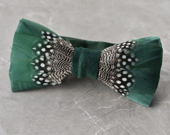 Feather Bow Tie in Deep Green and Monochrome Polka Dot