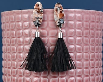 Black and Blush Pink Oval Acetate and Ostrich Feather Tassel Earrings