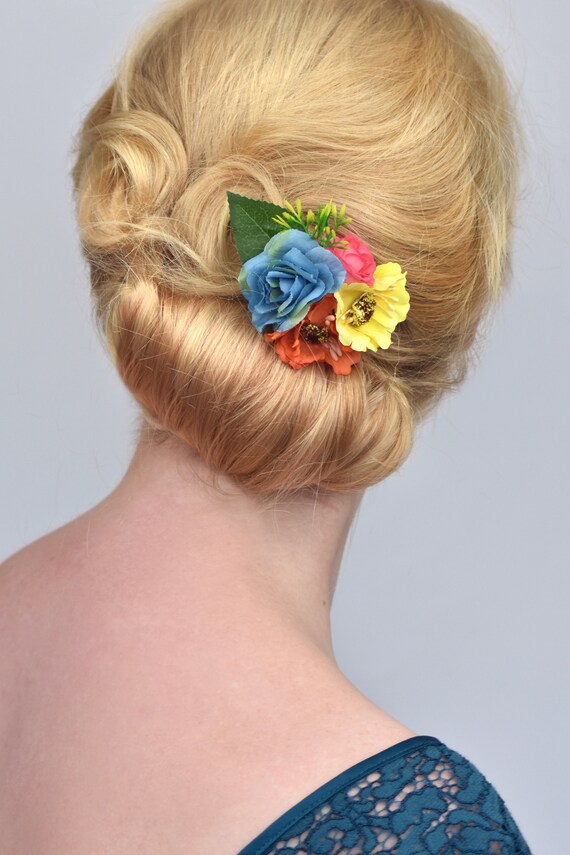 Rose Hair Clip In Pink Yellow Blue And Orange Silk Flower Etsy