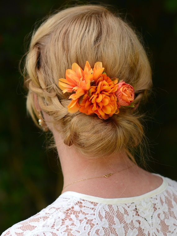 Flower Hair Clip in Orange Dahlias and Ranunculus | Tropical  display picture 1