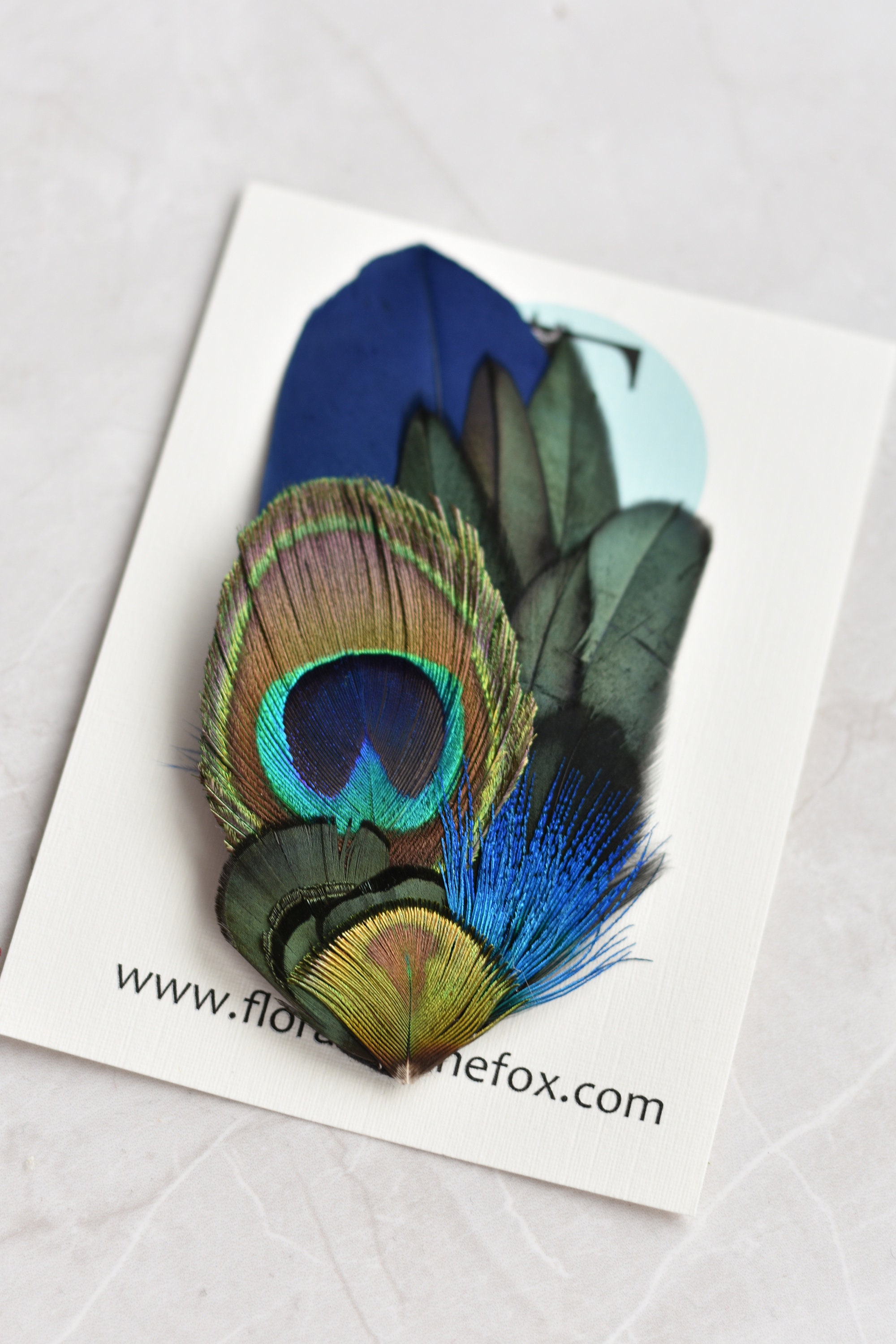 Peacock Feather Lapel Pin with Navy Blue, Turquoise, Gold and Green