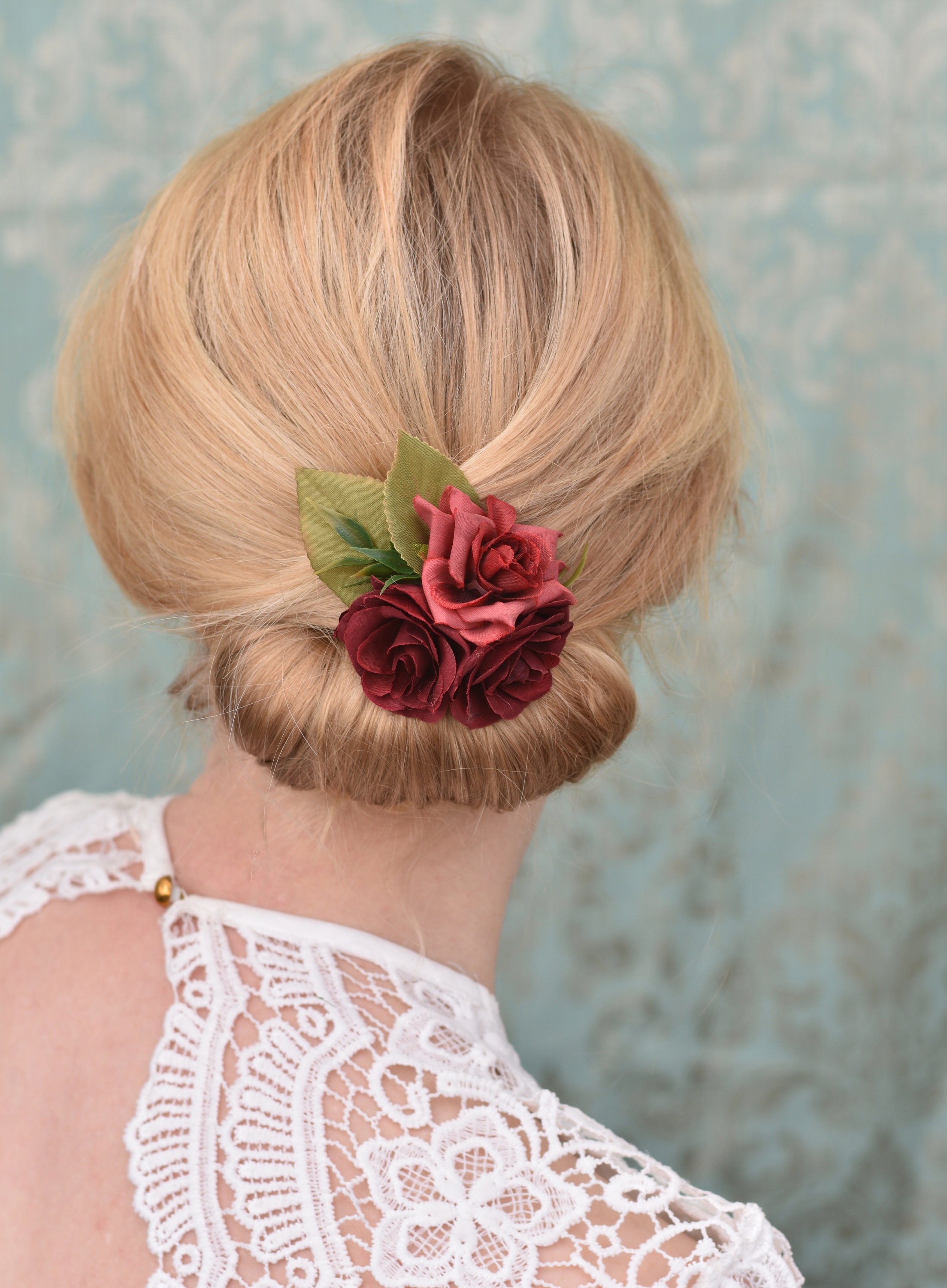 Silk Flower Hair Clip in Crimson Red Roses