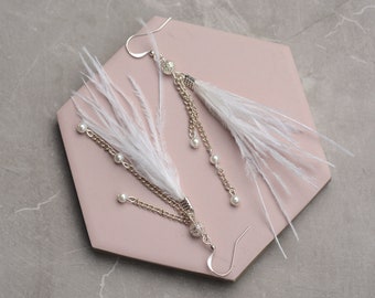 White Ostrich Feather Tassel Earrings with Pearls and Silver Beads