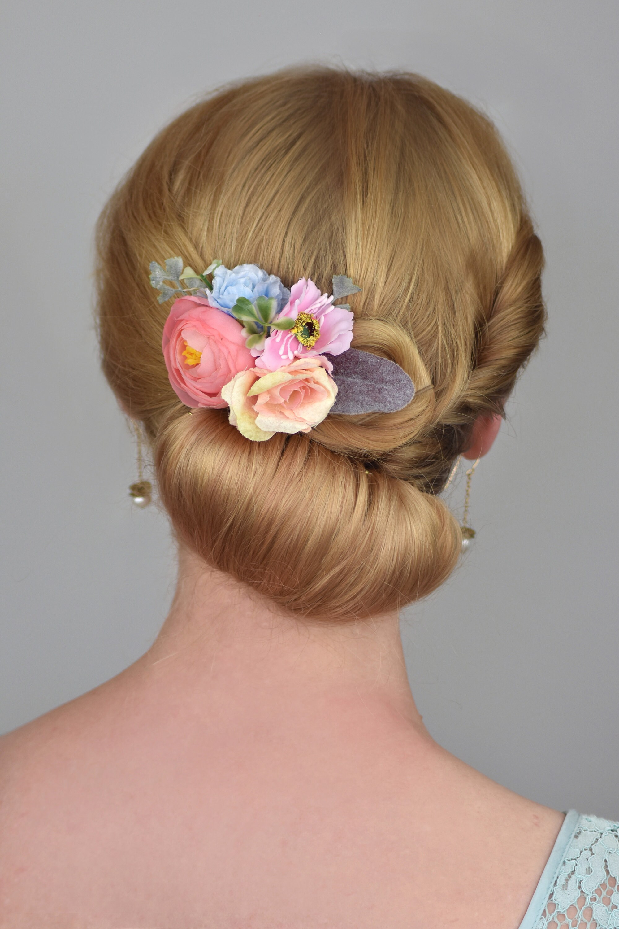 Silk Flower Hair Clip in Pastel Peach, Pink and Blue