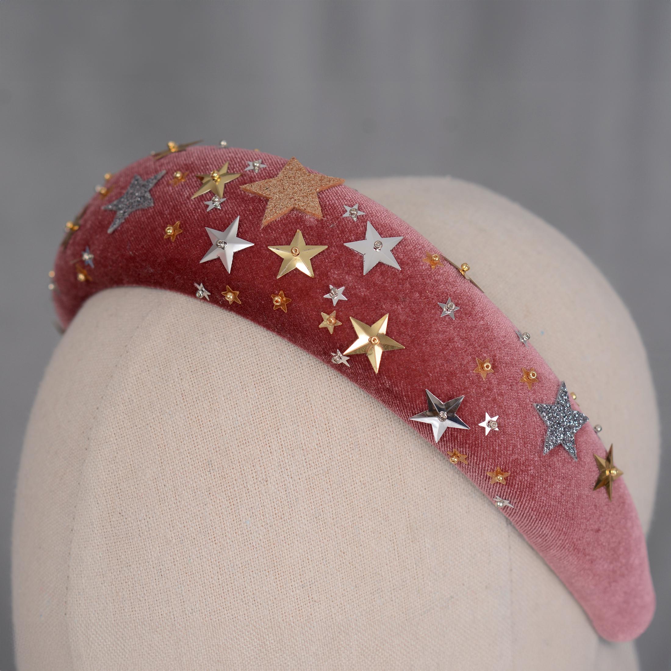 Celestial Padded Velvet Sequin Headband With Gold and Silver Stars