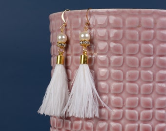 White Ostrich Feather Tassel Earrings with Pearl and Crystal Detail