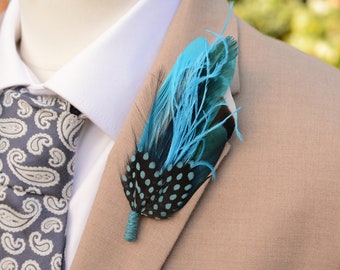 Turquoise and Blue Duck Feather Lapel Pin No.297