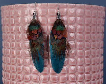 Teal and Copper Pheasant Feather Earrings