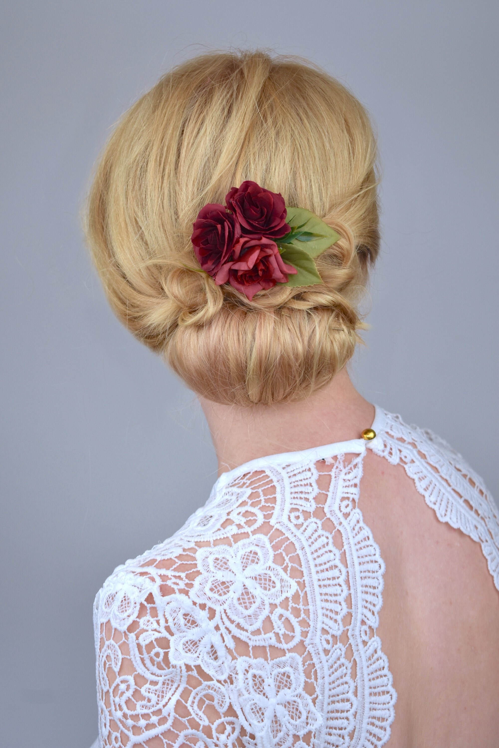 Silk Flower Hair Clip in Crimson Red Roses