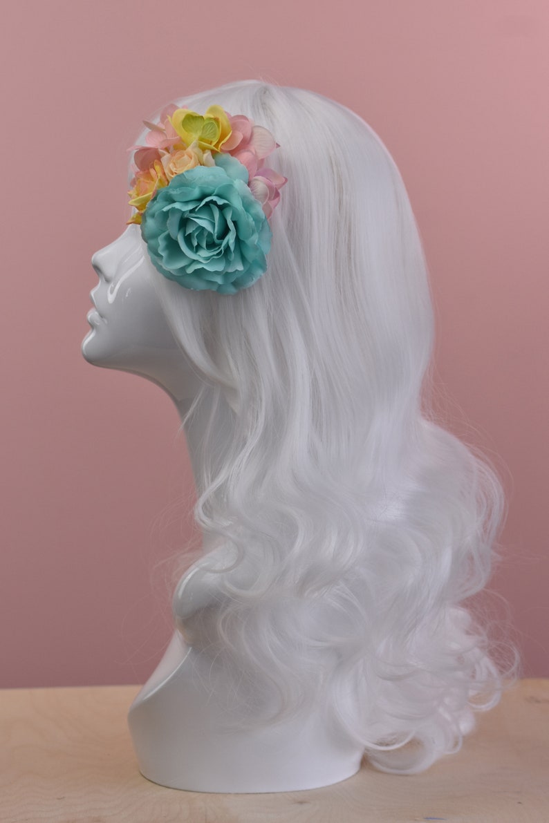 Roses Flower Hair Clip Fascinator in Pastel Mint Festival Hair Clip Flower Headpiece Pink and Yellow Floral Hair Clip