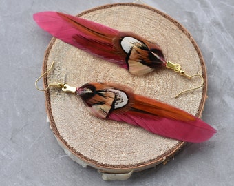 Burgundy and Pheasant Feather Earrings