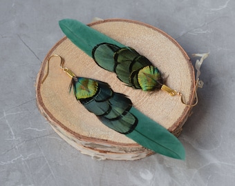 Green and Gold Feather Earrings