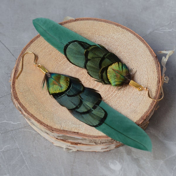 Green and Gold Feather Earrings | Peacock Feather Earrings | Festival Earrings | Feather Jewellery | Festival Jewellery | Drop Earrings