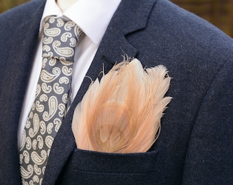 Ivory and Blush Pink Peacock Feather Pocket Square No.149