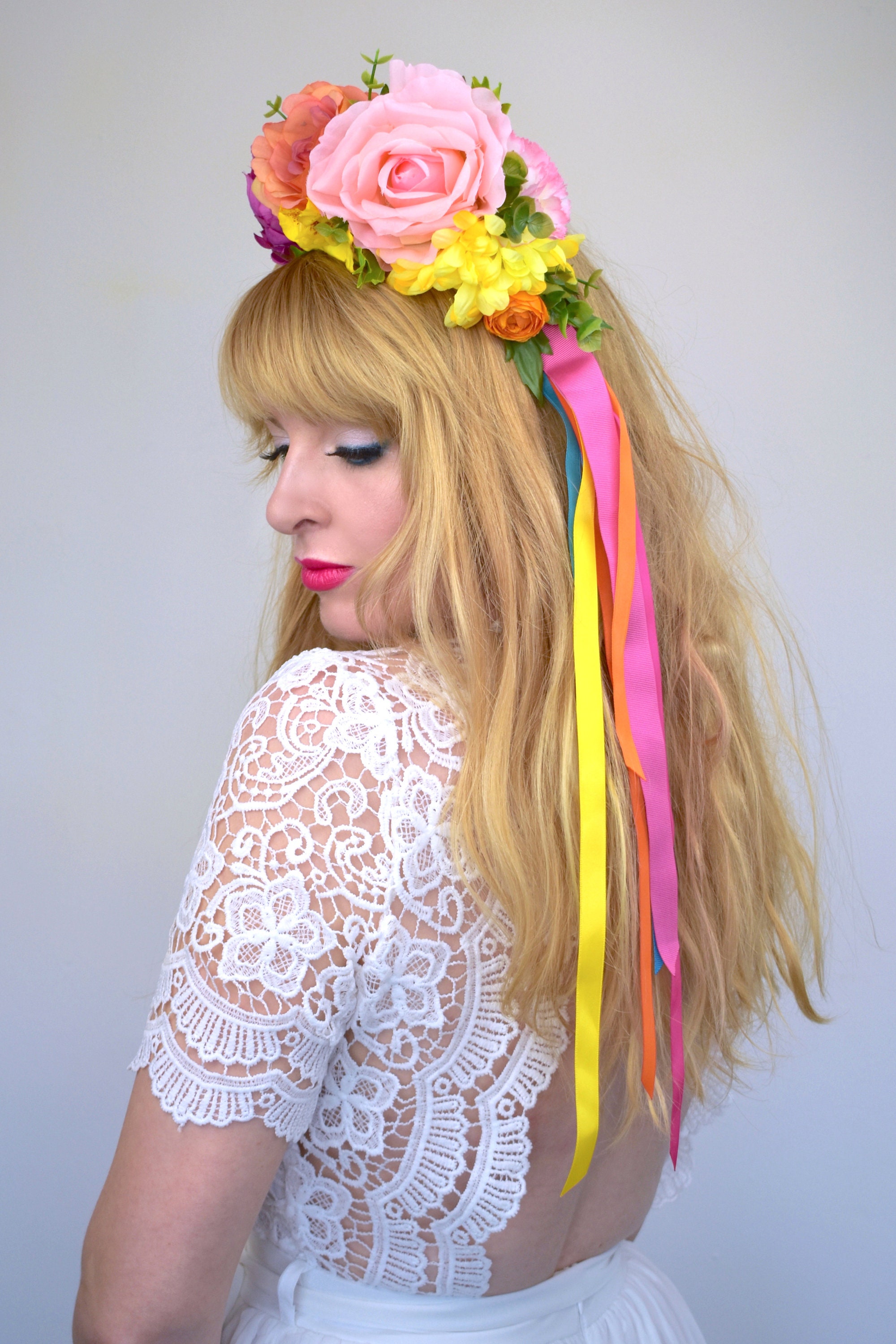 Rainbow Bright Flower Crown with Long Ribbons