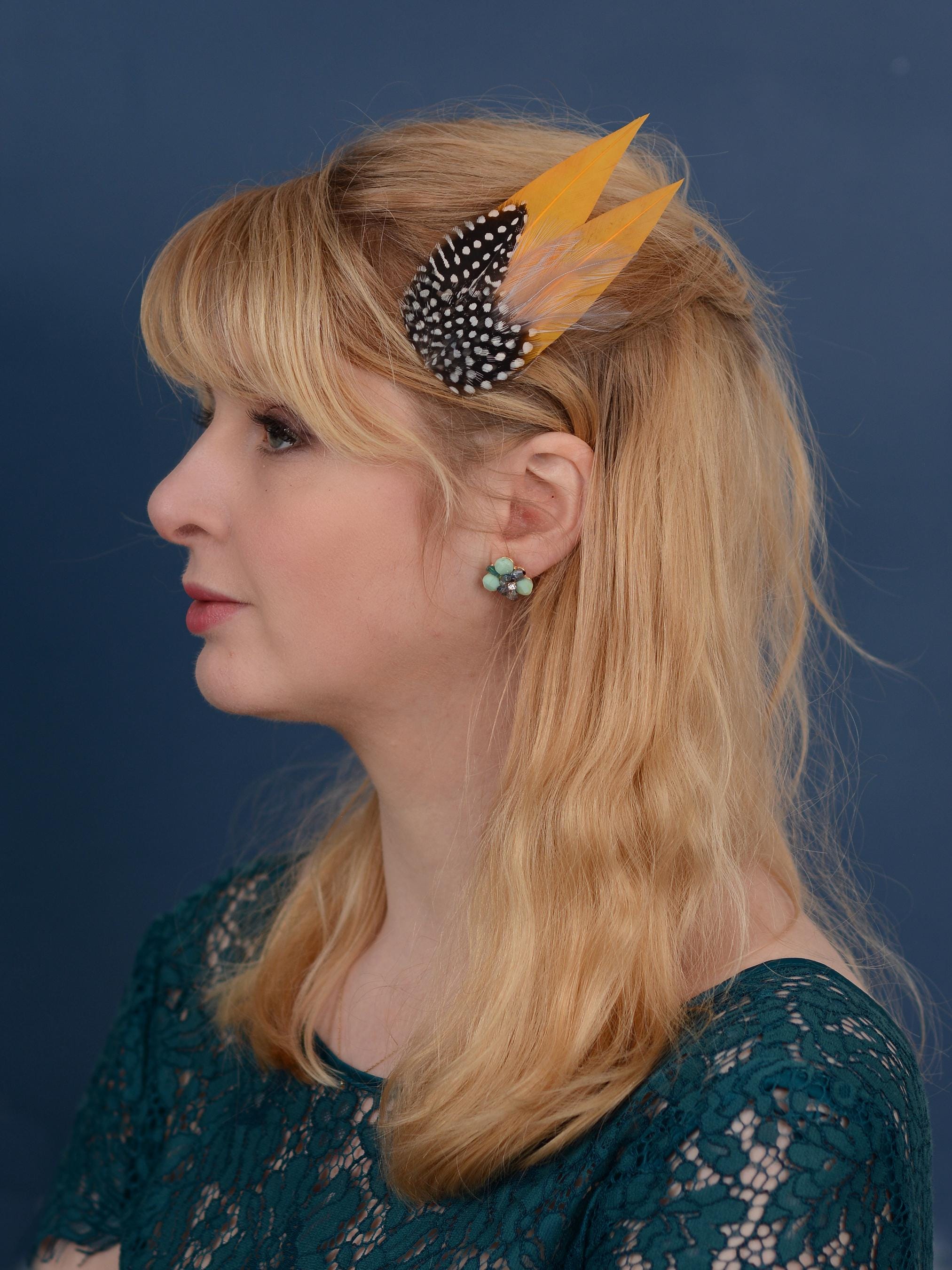 Yellow feather, clip fascinator (007) Clip On Yellow Fascinator with Loops & Feather Flower main image 2