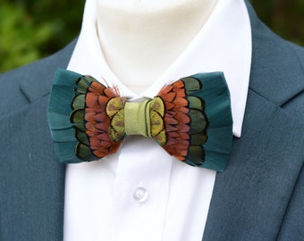 Pheasant Feather Bow Tie in Green, Copper and Gold | Groom Outfit | Feather Neck Tie | Mens Gift | Black Tie | Wedding