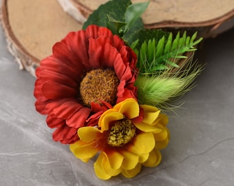 Pince à cheveux fleur marguerite (Rouge et jaune) | à cheveux fleur rouge | à cheveux de mariée | à cheveux de demoiselle d'honneur | Coiffe fleurie | Demoiselle d'honneur