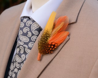 Bright Yellow and Orange Dyed Feather Lapel Pin Small no.210