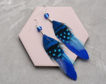 Bright Cobalt Blue Long Feather Earrings