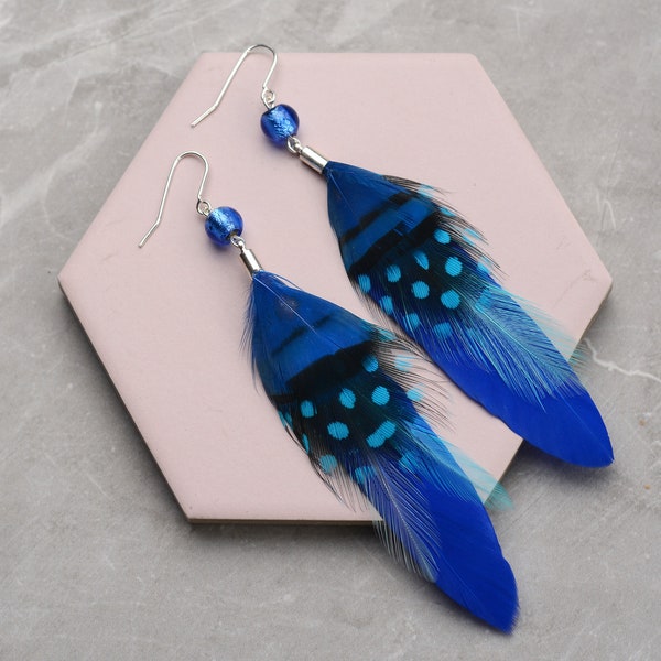 Bright Cobalt Blue Long Feather Earrings
