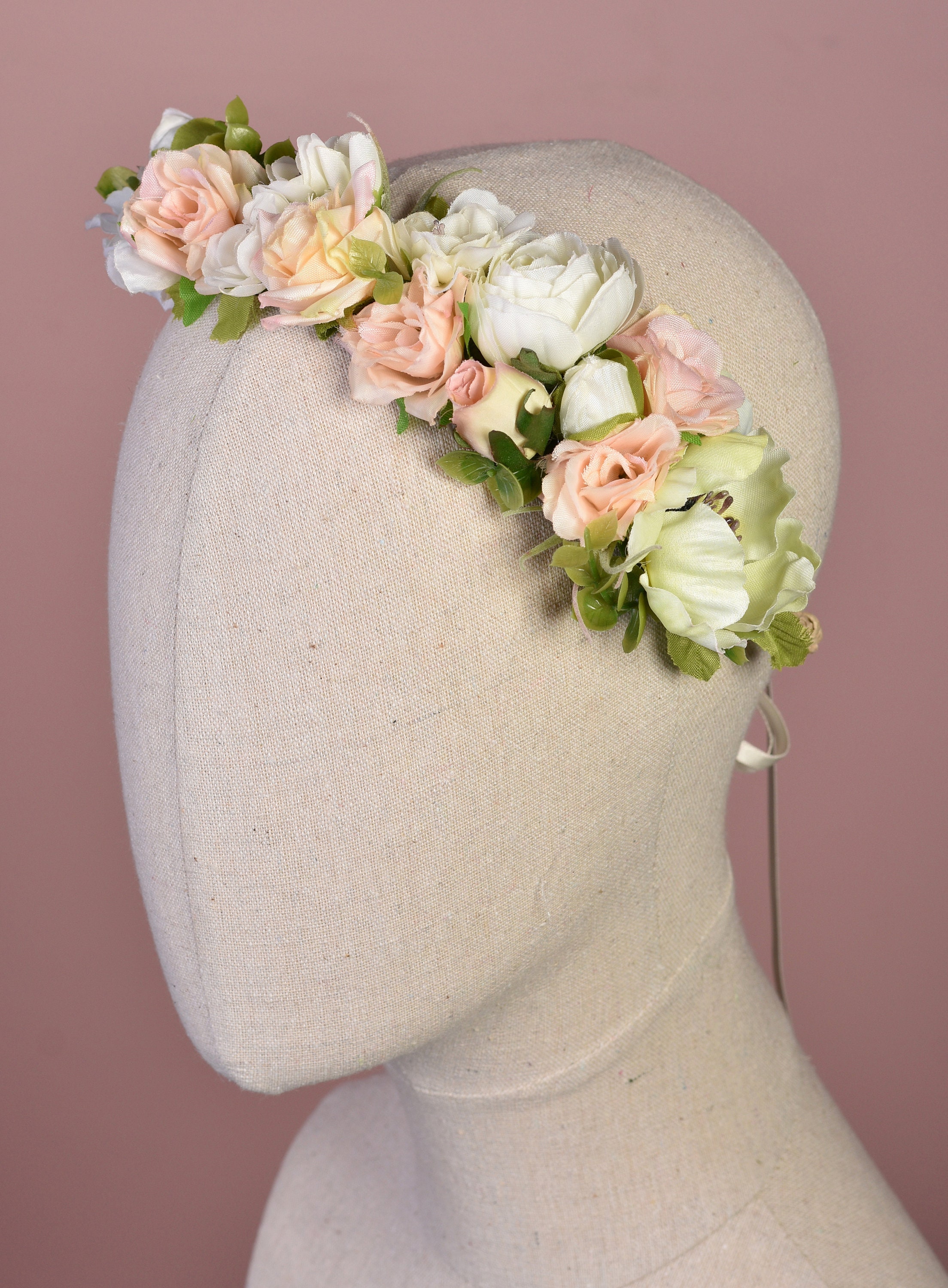 Peach and Ivory Bridal Flower Crown Garland