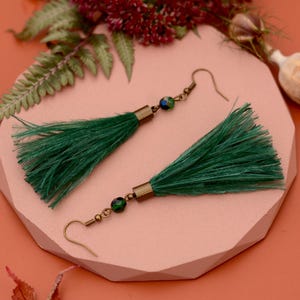 Emerald Green Ostrich Feather Tassel  Long Earrings