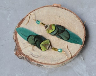 Green and Gold Small Feather Earrings with Emerald Crystal Bead