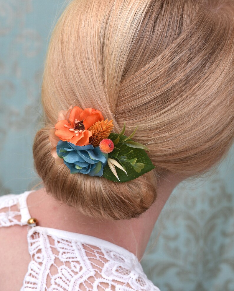 Rose Hair Clip in Blue and Orange Silk Flower Hair Clip Etsy