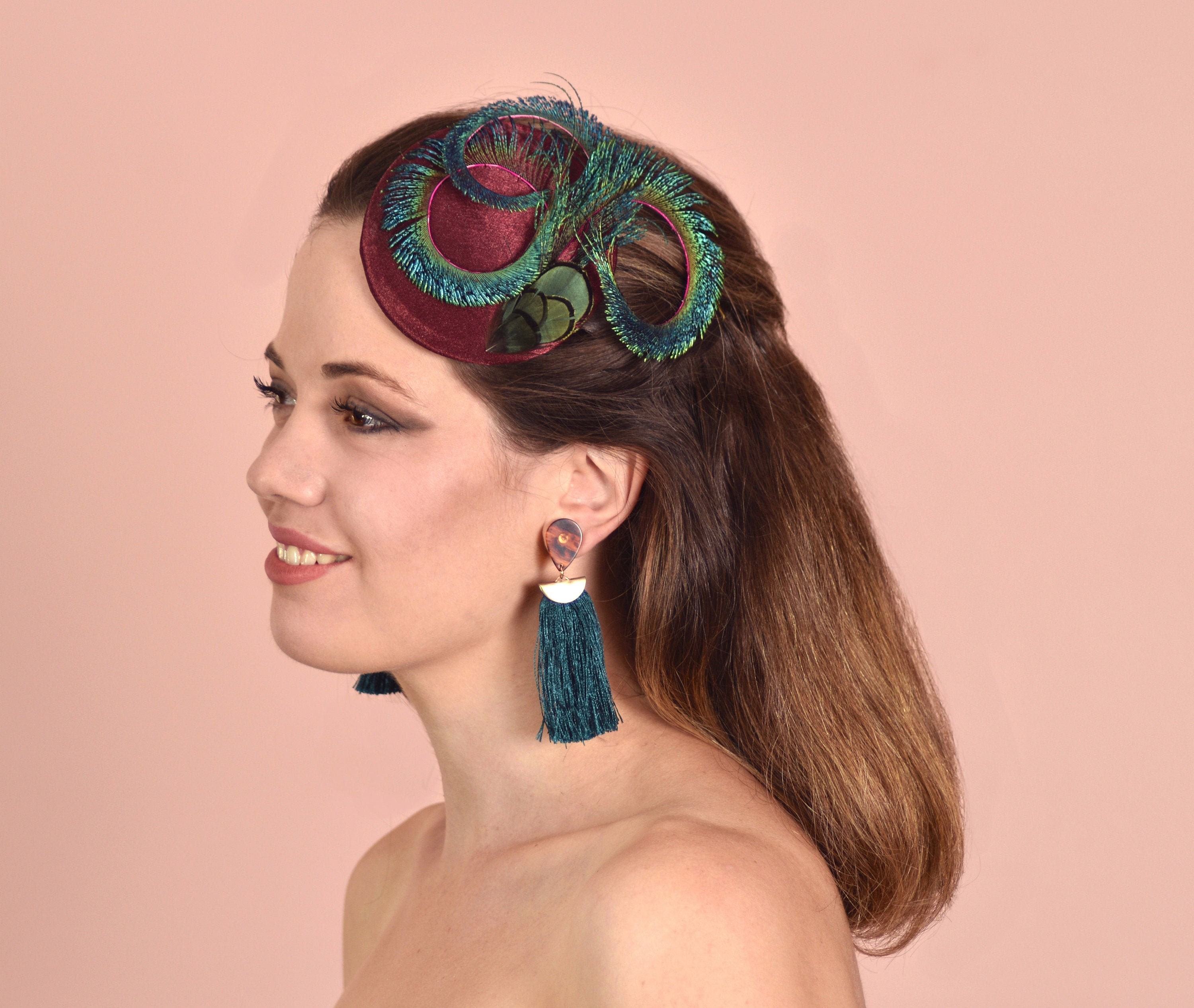 Plum Magenta and Light Blue Turquoise Feather Hair Fascinator Headband Wedding Royal Ascot Races Ladies