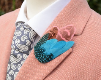 Bright Turquoise Blue and Soft Pink Dyed Feather Hat Pin Small no.157