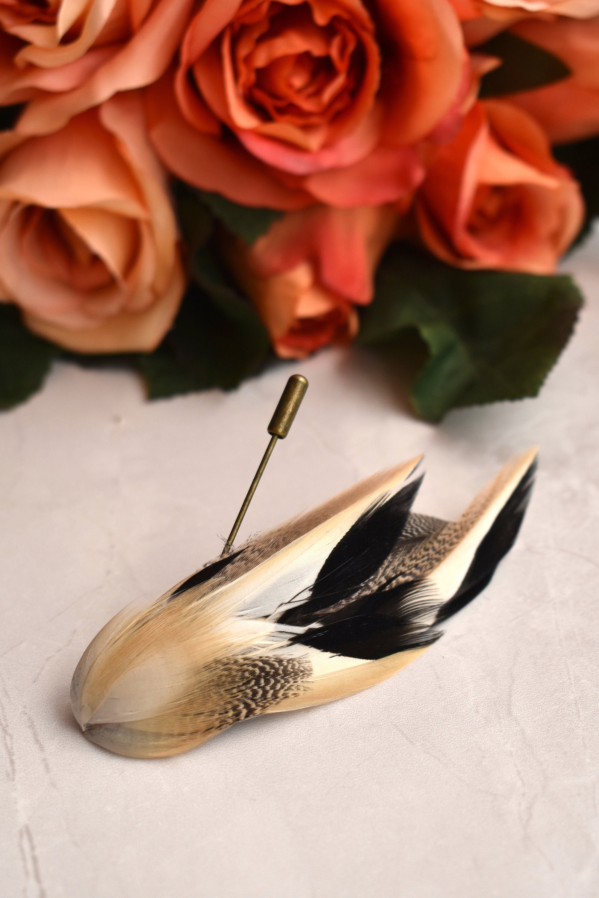 Feather Lapel Pin in Black and Ivory Duck Feathers
