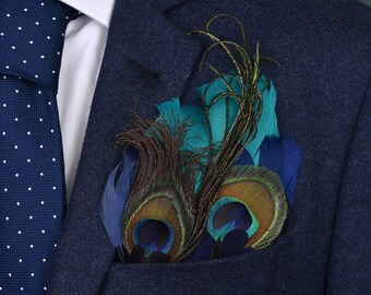 Teal, Blue and Green Peacock Feather Pocket Square No.136